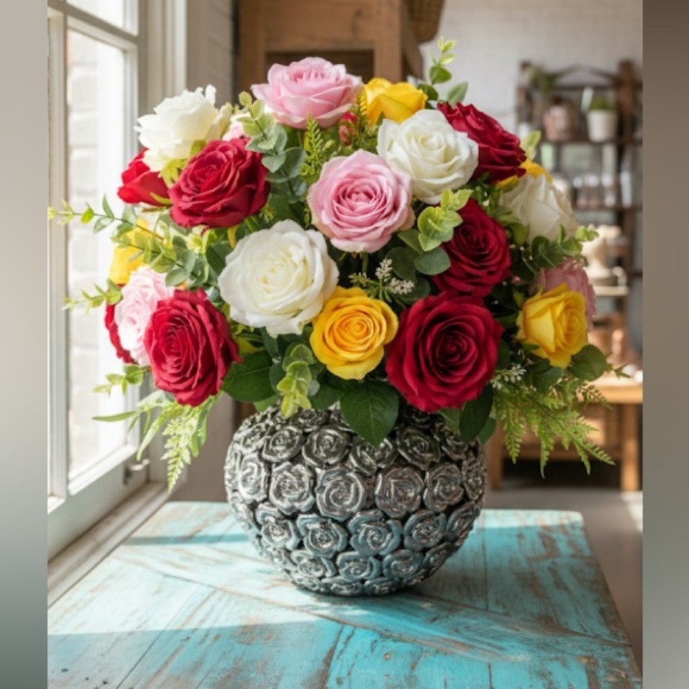 Kare Vase Rose Multi Chrome Silver Rose Embossed Vase | Glam Modern Home Decor
